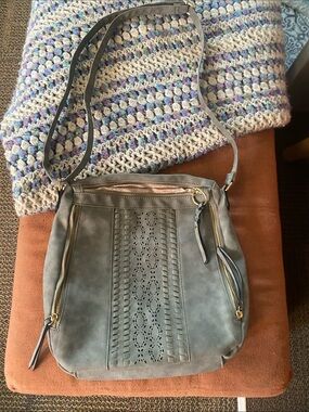 Gray Laser-Cut Women's Crossbody Bag with Gold Accents